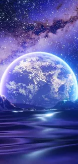 Purple cosmic wallpaper with Earth and stars.