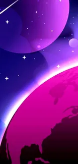 Purple cosmic wallpaper with planets and Earth silhouette.