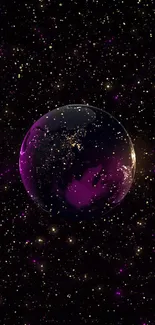 Purple cosmic Earth wallpaper with glowing stars and galaxy background.