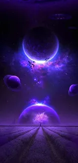 A purple cosmic fantasy with glowing planets and a mysterious celestial landscape.