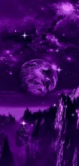 Purple cosmic fantasy wallpaper with mystical planet and starry sky.