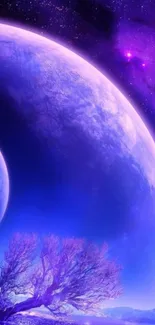 Purple cosmic landscape with planets and starry sky.