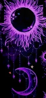 Purple cosmic wallpaper with sun and moon design.