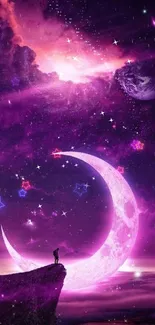 Purple cosmic scene featuring a glowing crescent moon in a vibrant galaxy.