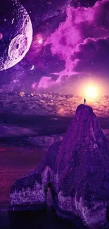 Stunning purple cosmic landscape with mountain and sky.