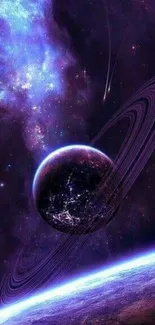 Purple cosmic planet with glowing rings in space.