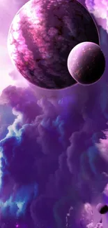 Purple cosmic wallpaper featuring planets and nebula.