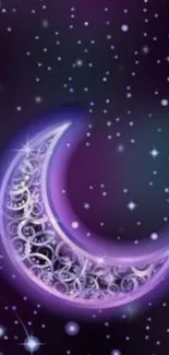 Purple crescent moon with stars on a dark night sky wallpaper.
