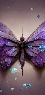 Purple crystal butterfly with intricate gemstone design on a mobile wallpaper.