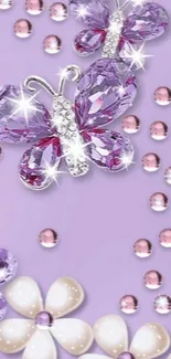 Purple crystal butterflies with floral accents on a decorative wallpaper.