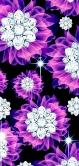 Purple floral wallpaper with crystal accents and black background.