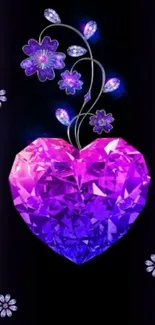 Purple crystal heart with floral accents on dark background.