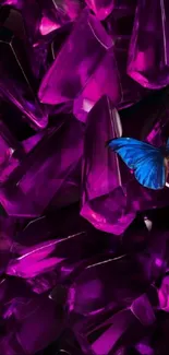 Purple crystals with a blue butterfly on a mobile wallpaper.