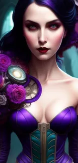 A digital portrait of a futuristic character with purple tones and floral accents.