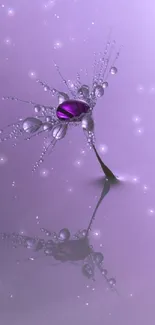 Purple dewdrop on a violet reflective surface wallpaper.