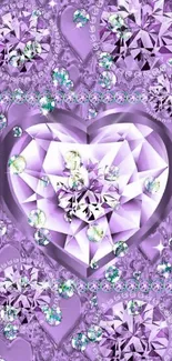 Vibrant purple diamond heart wallpaper with intricate crystal designs.