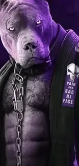 Purple dog warrior with muscles and tattoos in striking artwork.