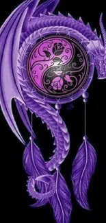 Purple dragon entwined with dreamcatcher on black background.