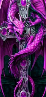 Purple dragon curled around a Gothic cross in vibrant fantasy art style.