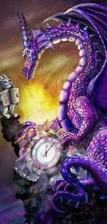 Purple dragon with clock in fantasy setting.