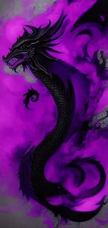 Elegant black dragon in vibrant purple smoke artwork.