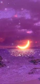 Purple ocean with crescent moon and stars at night.