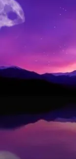 Purple night sky with moon and mountain reflection.