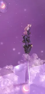 Purple wallpaper featuring a vase with flowers, clouds, and a dreamy moon.