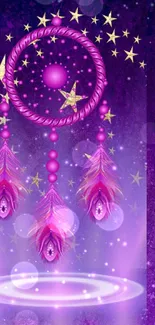 Purple dreamcatcher with feathers and stars on a mystical background.