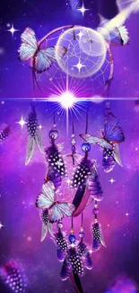 Purple dreamcatcher with butterflies on cosmic background.