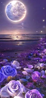 Purple moonlit beach wallpaper with glowing roses and stars.