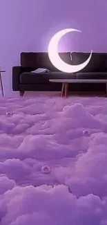 Dreamy purple clouds and crescent moon in minimalist room.