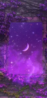 Purple night sky with crescent moon and stars in a mystical window setting.