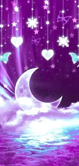 Purple dreamy moon wallpaper with hearts and butterflies.