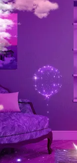 Dreamy purple room wallpaper with clouds, moon, and twinkling lights.