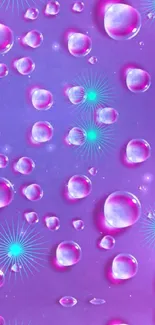 Purple mobile wallpaper with droplets and aqua stars.