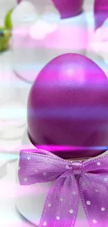 Purple Easter egg with floral and bow decorations on white background.