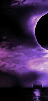 Purple eclipse night sky with celestial themes.