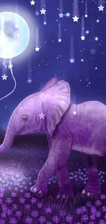 Purple elephant holding moon balloon under starry sky.