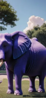 Purple elephant standing in a sunny park with trees and clouds.