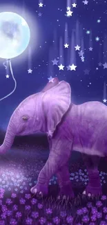 Purple elephant under moonlit sky with stars and flowers.