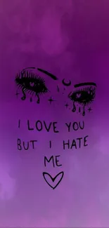 Purple wallpaper with emotional eyes and text, artistic design.