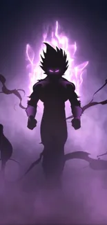 Silhouetted warrior with purple energy aura in a dynamic wallpaper.