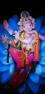 Vibrant Ganesha with blue lotus background.