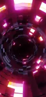 Neon pink tunnel with geometric patterns and vibrant light effects on screen.