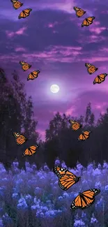 Butterflies flutter under a purple evening sky with a full moon.