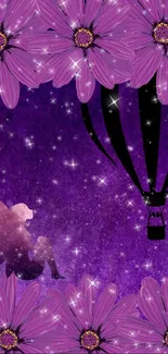 Purple fairy with balloon and flowers under stars.