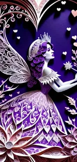 Purple fairy with intricate floral cutout design, creating a whimsical art piece.