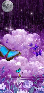 Blue butterfly and purple clouds wallpaper with a moonlit sky.