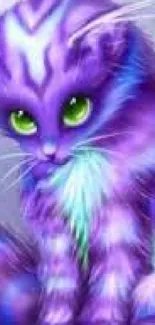 Purple fantasy cat with green eyes mobile wallpaper.